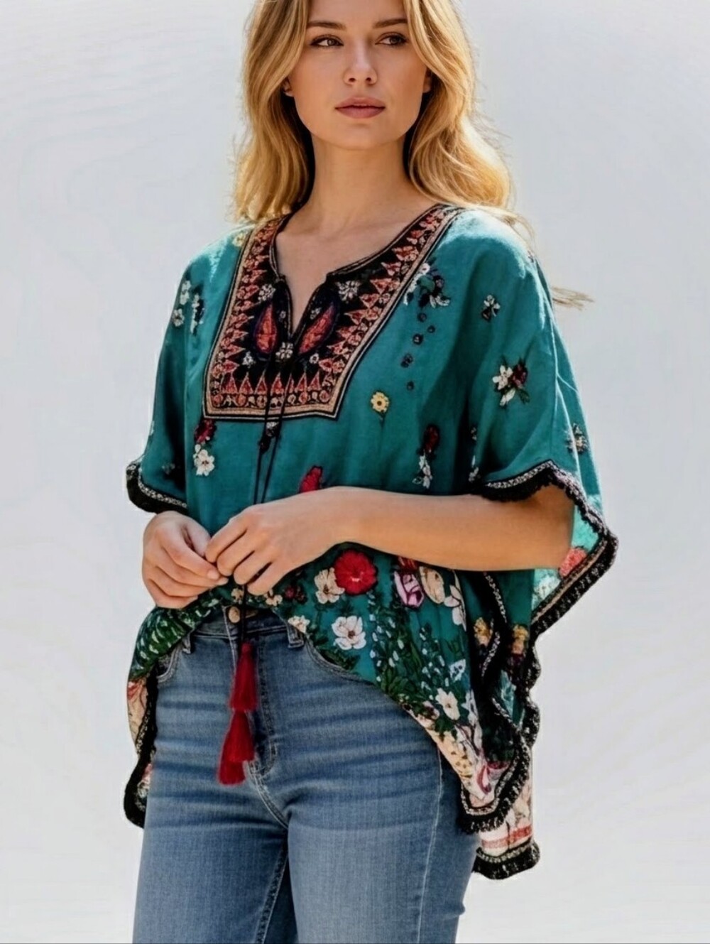 NEW Artisan Colorful Art Turquoise Cape Poncho Top Shawl Floral Embroidery One